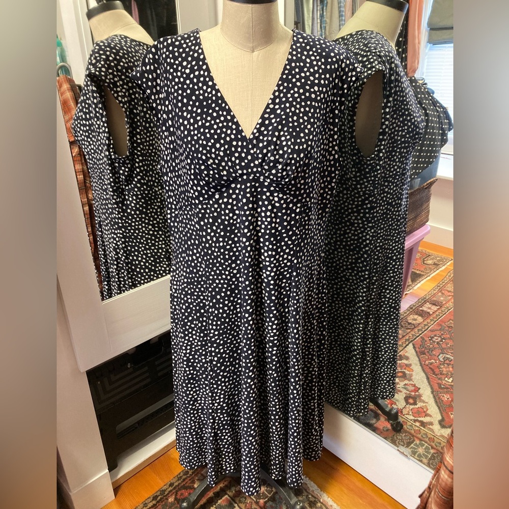 Chaps Empire Waist Black and White Polka Dot A-Line Dress, V-Neck - Size XL